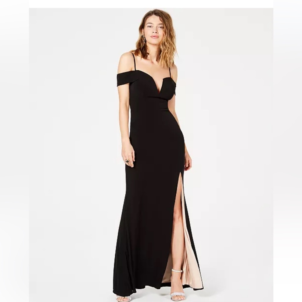 Juniors black off the shoulder gown